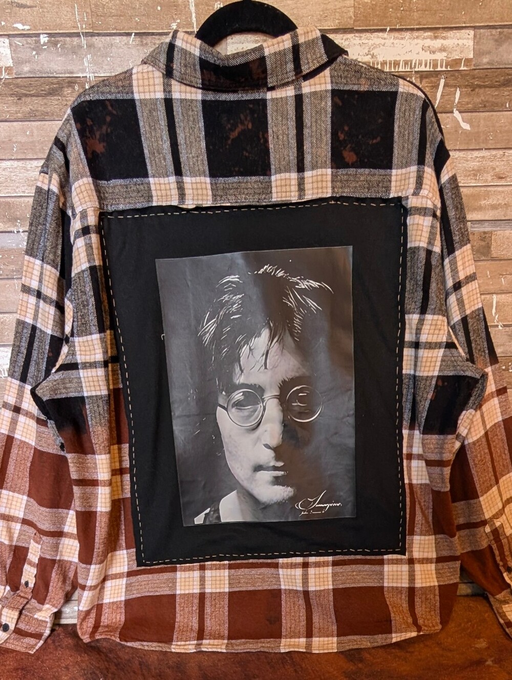 John Lennon Graphic Upcycled Dip Dyed Bleached Flannel Shirt